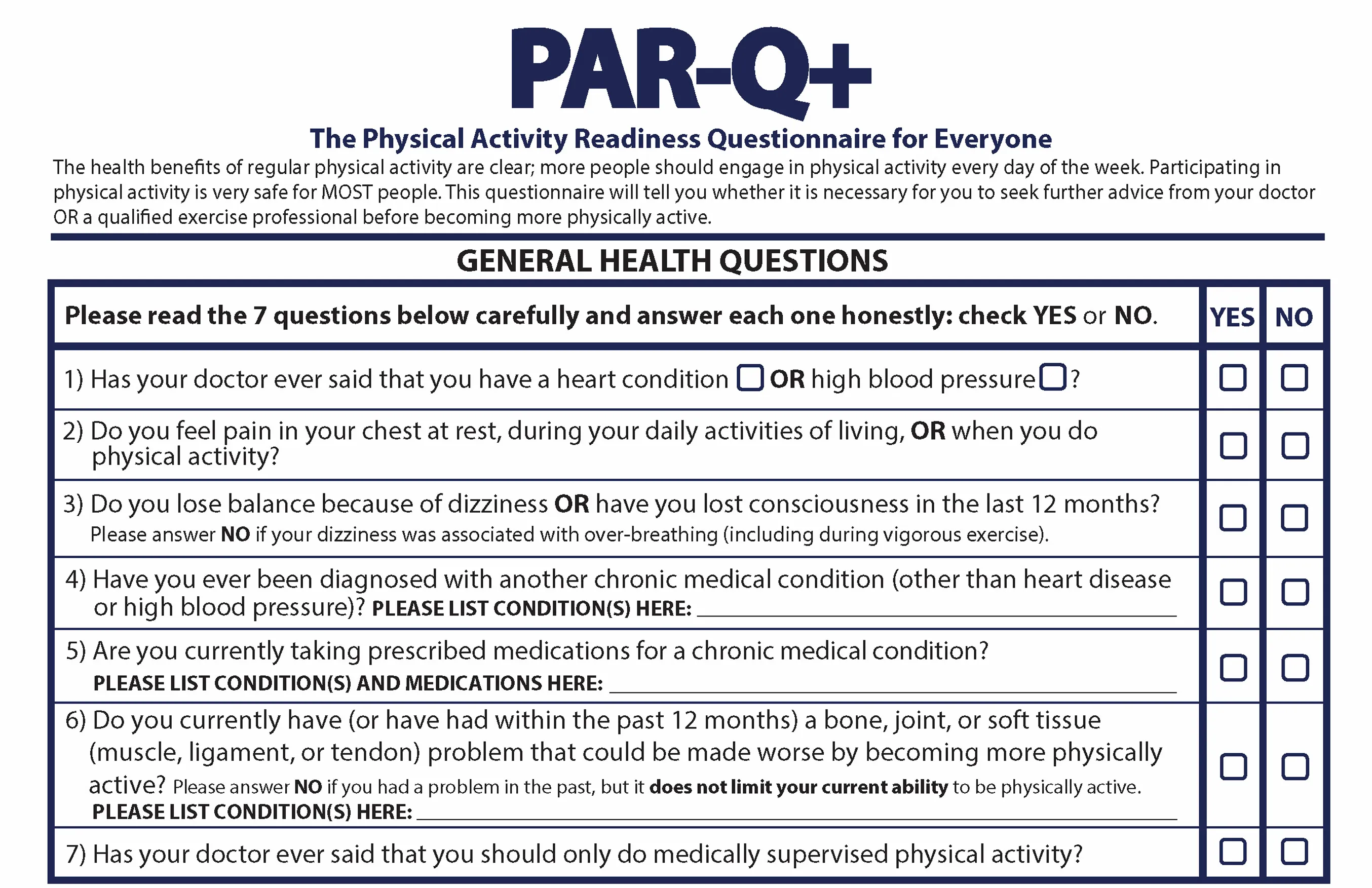 PAR-Q+ 問卷第一頁的一般健康問題表格,7 道英文題目右側各有 YES 與 NO 兩個勾選方框